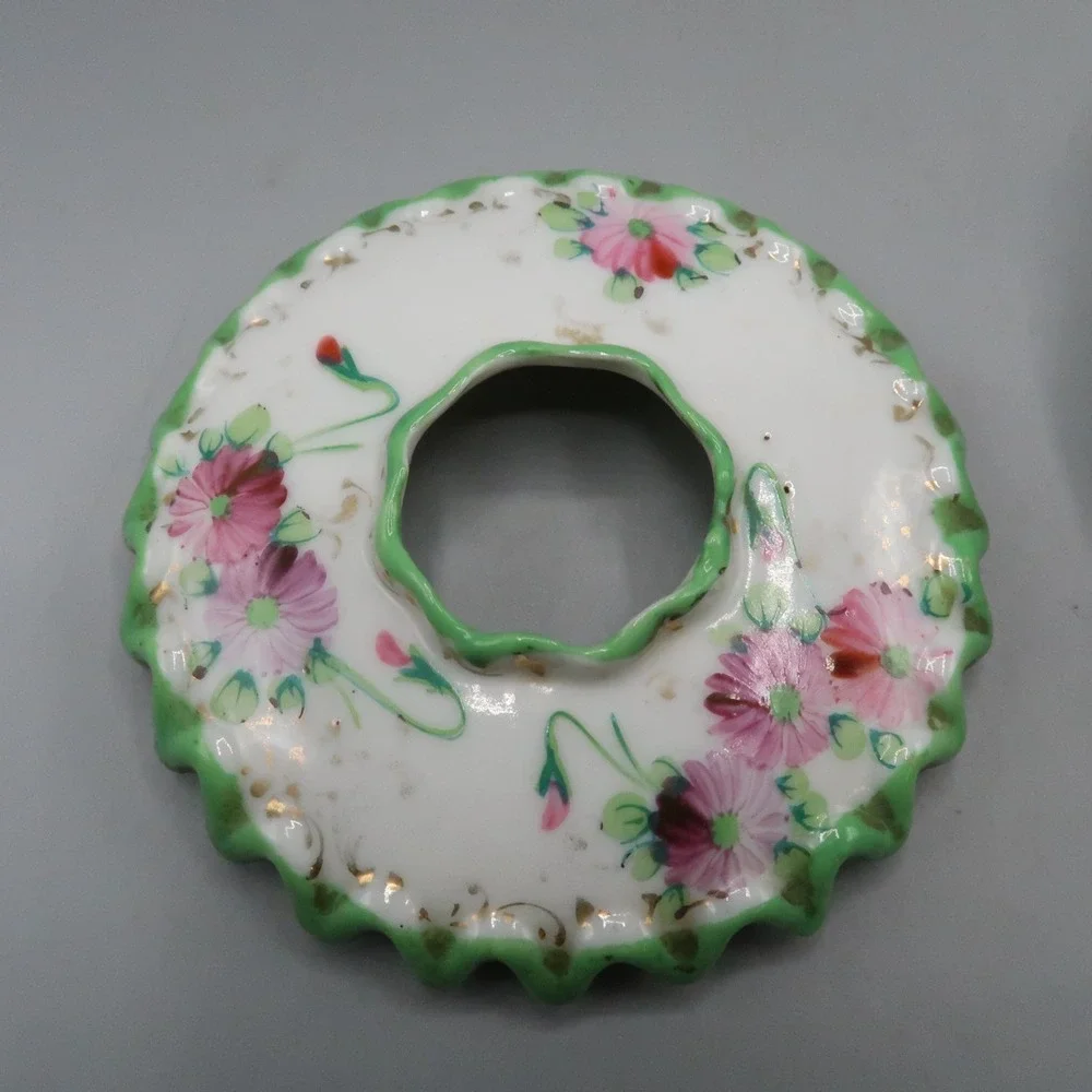 Nippon Hair Receiver Floral White Hand Painted Porcelain Green Trim Granny Core
